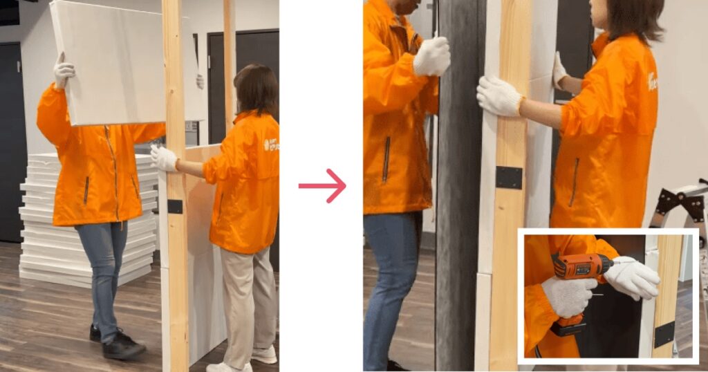 吸音材を積み上げて遮音シート＋プラダンを固定する