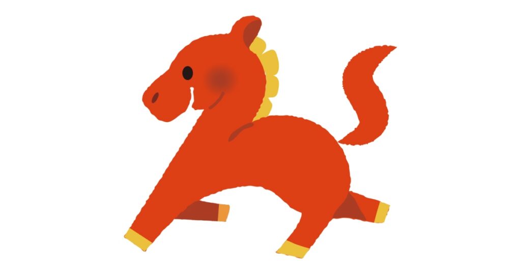 2026年の干支である丙午を表した赤い馬が駆けているイラスト