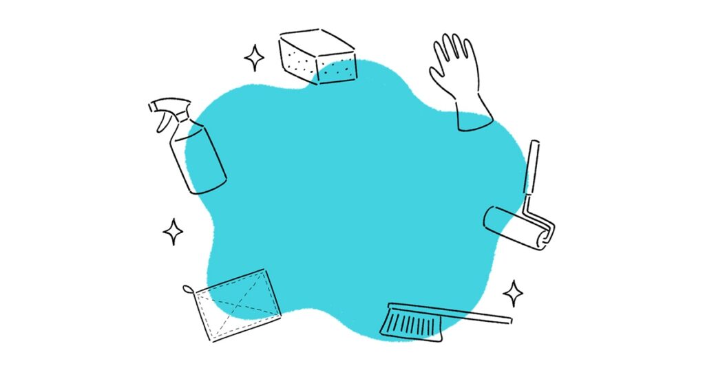 スポンジ雑巾ブラシスプレーなどの掃除道具が並んでいる