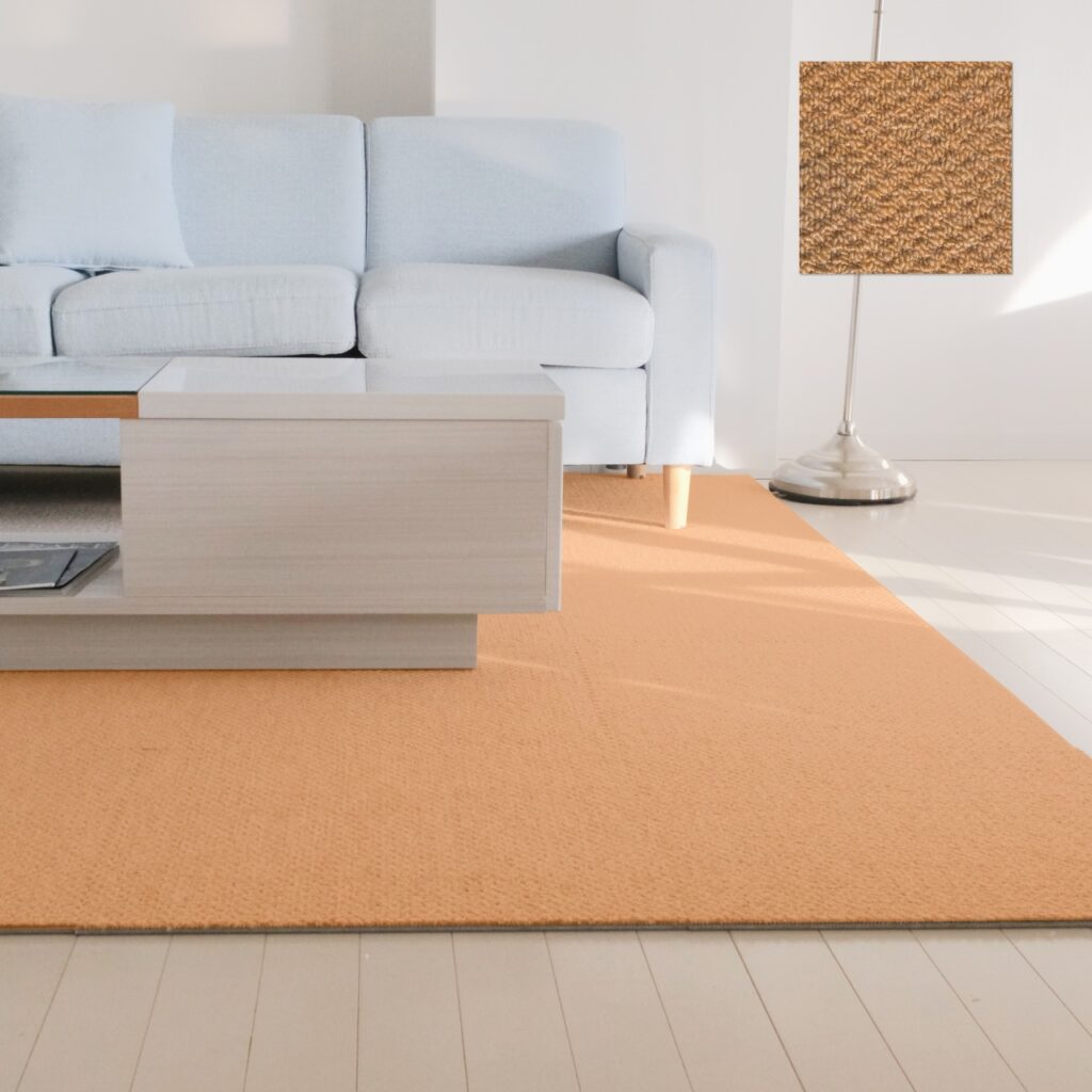 防音タイルカーペット静床ライトオレンジが床の生活音対策としてリビングに広く敷かれている