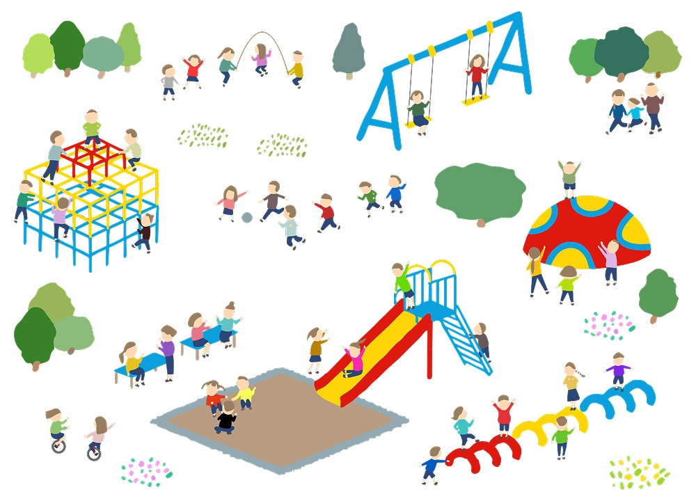 休日の公園でたくさんの子供達が遊具で遊んでいる
