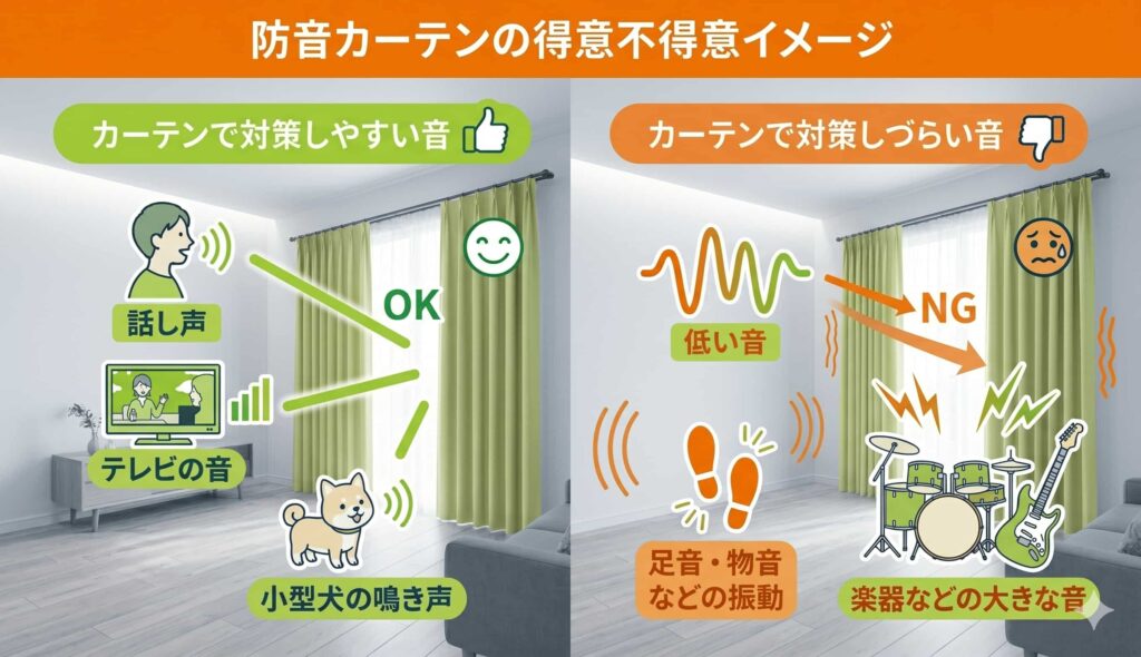 防音カーテンの得意不得意イメージ
カーテンで対策しやすい音：話し声テレビの音小型犬の鳴き声
カーテンで対策しづらい音：低い音足音・物音などの振動楽器などの大きな音