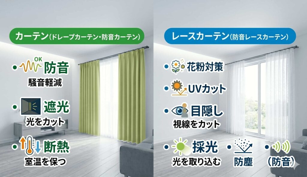 カーテンとレースカーテンのそれぞれの役割
カーテン（ドレープカーテン・防音カーテン）：防音・遮光・断熱

レースカーテン(防音レースカーテン)：花粉対策・UVカット・目隠し・採光・防塵・(防音)