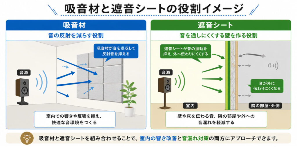 吸音材と遮音シートの役割イメージ