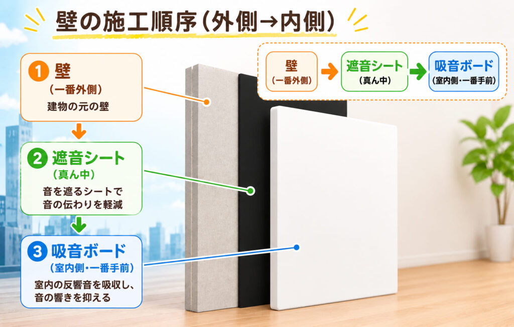 壁（一番外側）→ 遮音シート（真ん中）→ 吸音ボード（室内側・一番手前）のイメージ画像