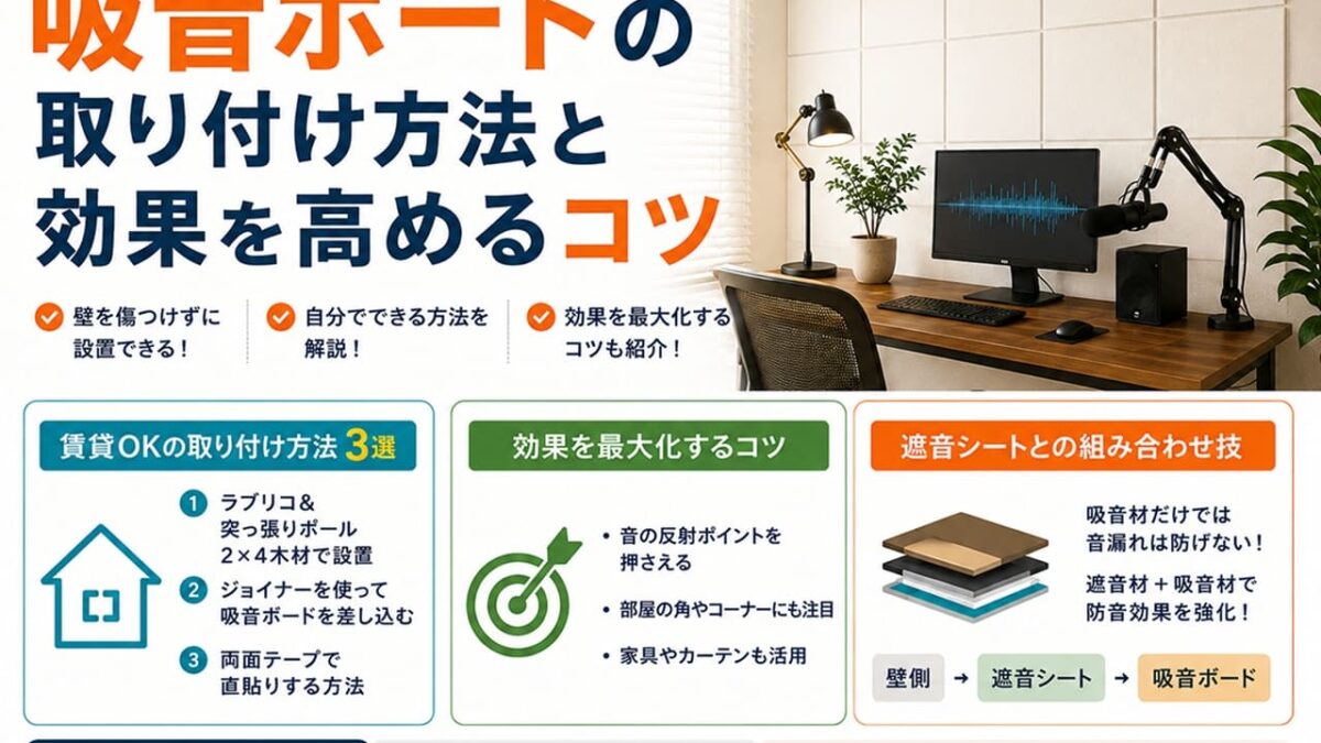 賃貸でも穴を開けない吸音ボードの貼り方3選！壁を傷つけない防音DIY